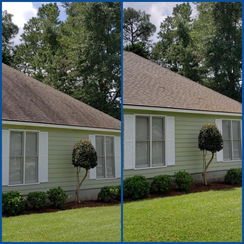 Soft wash roof cleaning in progress Macon Georgia